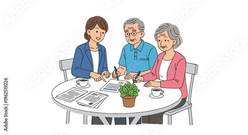 A female consultant explains documents to an elderly couple who are signing papers at a round table.