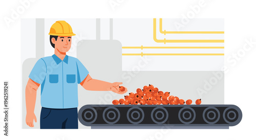 A male factory worker in a yellow hard hat holds a single fruit next to a conveyor belt laden with orange-brown fruits.