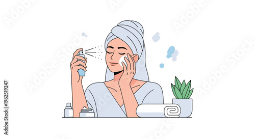 A young woman with a towel on her head sprays facial mist and dabs her cheek with a cotton pad during her skincare routine.