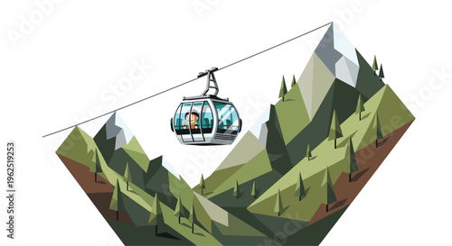A single cable car gondola with a passenger travels across a valley filled with stylized green polygonal mountains.