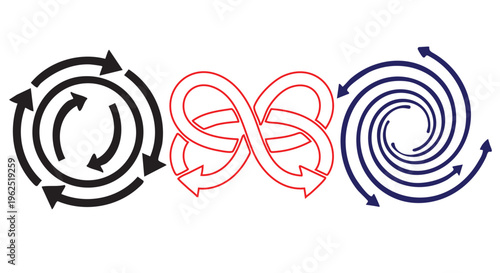 Three swirling patterns in black red and blue