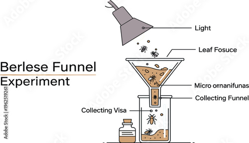 Berlese Funnel Experiment Illustration with Soil Microfauna Extraction, Light Driven Separation Process, Laboratory Setup and Biological Research Concept
