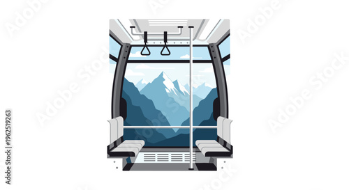 The interior of a modern cable car gondola with grey seats overlooks a serene mountain range under a clear sky.