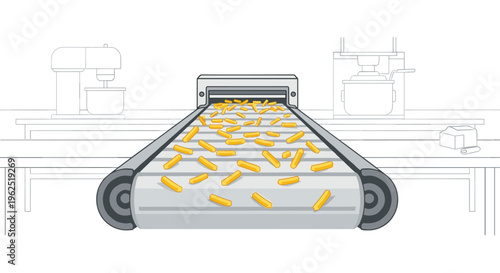 Golden french fries move along a grey conveyor belt in a factory setting with blurred machinery in the background.