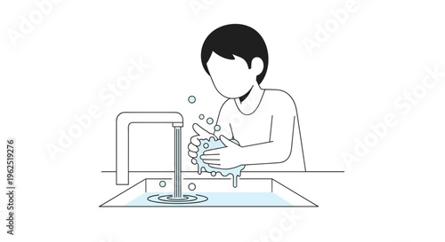 A person washes their hands under a faucet in a white sink, depicted with minimalist line art.