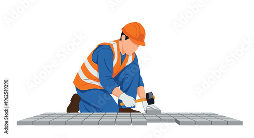 A construction worker in a safety vest kneels, using a mallet to tap down a grey paving tile on a white ground.