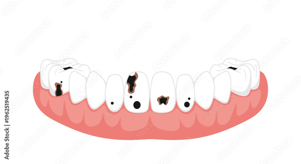 Obraz premium An upper human jaw with white teeth and visible black and brown cavities is depicted on a white background.