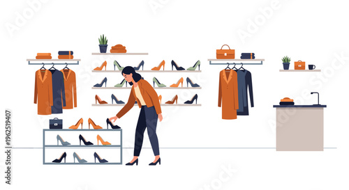 A woman in a brown jacket bends to select shoes from a lower shelf in a detailed shoe store with clothes racks and a counter.