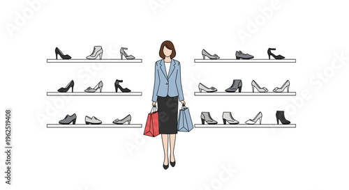 A woman in a blue jacket holds shopping bags in a shoe store with multiple pairs of shoes displayed on shelves.