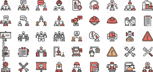 Canvas Print Construction and Workforce Line Icon Set with Safety Equipment, Team Management,