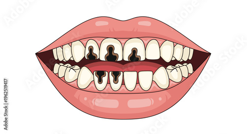 An open human mouth displays both upper and lower jaws with many teeth showing severe black and brown cavities.