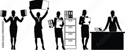 Business professionals, office tasks, corporate teamwork, administrative work, document management, filing cabinet, reading papers, desk organization, workplace productivity, formal attire