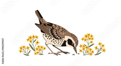A speckled brown bird with a white belly pecks at the ground amidst yellow flowers and green leaves on a white background.