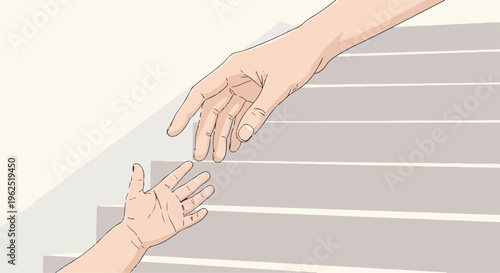 Vector illustration of mother helping child climb stairs, only hands in frame, minimalist.