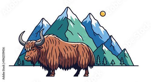 A brown yak with large horns stands in front of three stylized mountains with snowcaps and pine trees under a yellow sun.