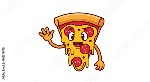 A cartoon pizza slice character with dripping cheese and pepperoni waves its hand with a friendly smile on a white background.