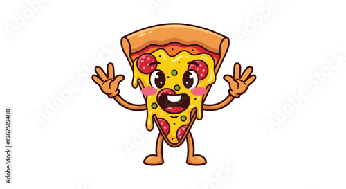 A cartoon pizza slice character with melting cheese and pepperoni stands with arms raised and a wide smile on a white background.