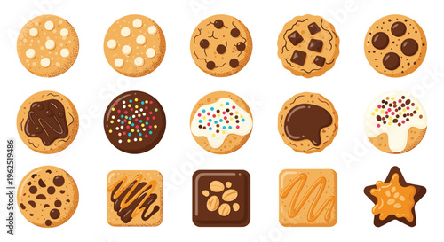 A pixel art collection of fifteen different cookies with various toppings and shapes is arranged on a white background.