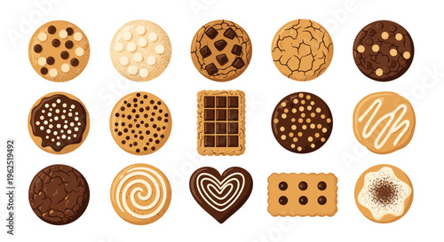 A pixel art collection of fifteen distinct cookies with various toppings and shapes is arranged on a white background.