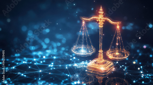 A glowing digital scale of justice in a futuristic networked environment