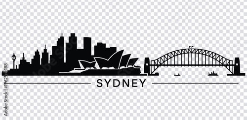 Vector illustration black silhouette of sydney city skyline with iconic opera house and harbour bridge