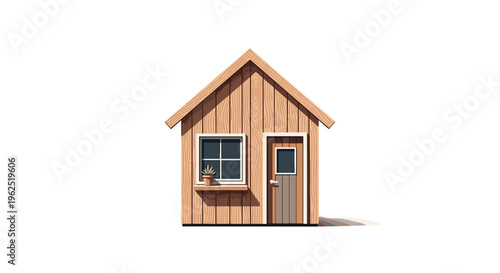 A charming simple wooden shed with a gabled roof and a single window with a potted plant stands centrally on a white background.