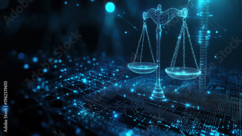 A digital illustration of a scale of justice in a futuristic setting