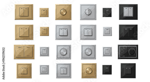 A comprehensive collection of twenty diverse electrical switches and dimmers is displayed in an organized grid on a white background.