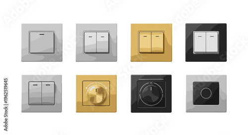 A collection of eight distinct electrical wall switches and dimmers in various colors is arranged in a grid on a white background.