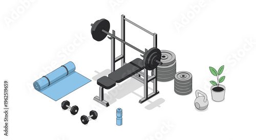 An isometric view displays a bench press with a barbell, weight plates, dumbbells, a yoga mat, a water bottle, a kettlebell, and a plant.