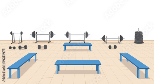 Multiple barbells with weights and blue exercise benches are arranged on a tiled floor in a gym setting with a white wall.