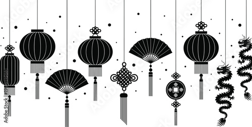 Chinese cultural icons, lantern silhouette, dragon design, knot ornament, folding fan, circular charm, Lunar New Year, festival decoration, heritage vector illustration
