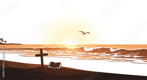 A wooden cross and an open Bible sit on a sandy beach with rolling waves and a distant coastline under a warm sunset sky.