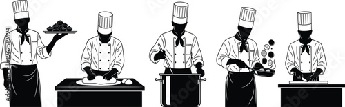 Chef silhouette icons, cooking activity, kneading dough, stirring pot, frying pan toss, chopping food, tray serving, culinary process, vector illustration