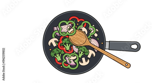 A black frying pan filled with chopped bell peppers, onions, broccoli, and mushrooms is being stirred by a wooden spoon on a white background.