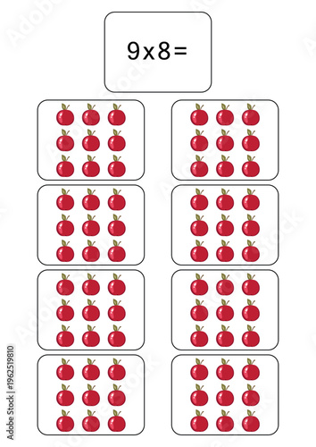 Multiplication table of 9. Maths card with an example, drawing. Multiplication Square, vector illustration. Printed products, banner, table for children, schoolchildren. School education, logical task