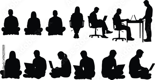 Laptop silhouette icons, sitting, standing, working, studying, remote lifestyle, digital technology, online learning, freelancing, productivity, teamwork, modern design, vector illustration
