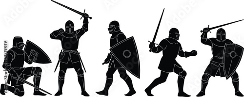 Medieval knight icons, armored warrior, sword silhouette, shield defense, battle stance, combat pose, historical fighter, medieval armor, warrior design, vector illustration