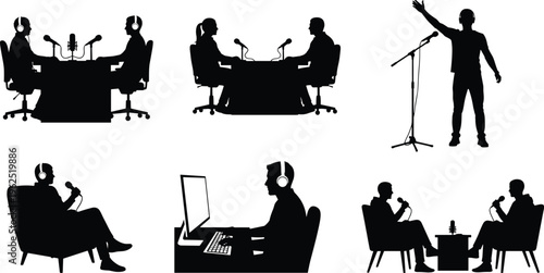 Podcast icons, radio interview, audio recording, broadcasting silhouettes, live performance, microphone speaker, editing production, headphone communication, studio discussion, creative media