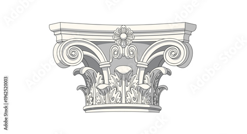 A detailed illustration of a white Corinthian column capital with acanthus leaves, volutes, and a central rosette is presented.