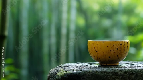 Steaming yellow tea cup on stone with blurred background of green foliage