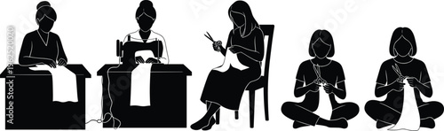 Textile production icons, sewing silhouette, cutting fabric, garment making, manual craftsmanship, sewing machine, tailoring process, fashion design, artisan work, vector illustration