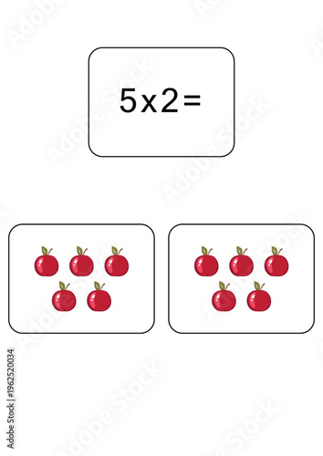 Multiplication table of 5. Maths card with an example, drawing. Multiplication Square, vector illustration. Printed products, banner, table for children, schoolchildren. School education, logical task