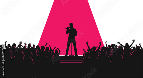 A silhouetted male singer performs on a small stage under a bright pink spotlight before an excited, cheering crowd.