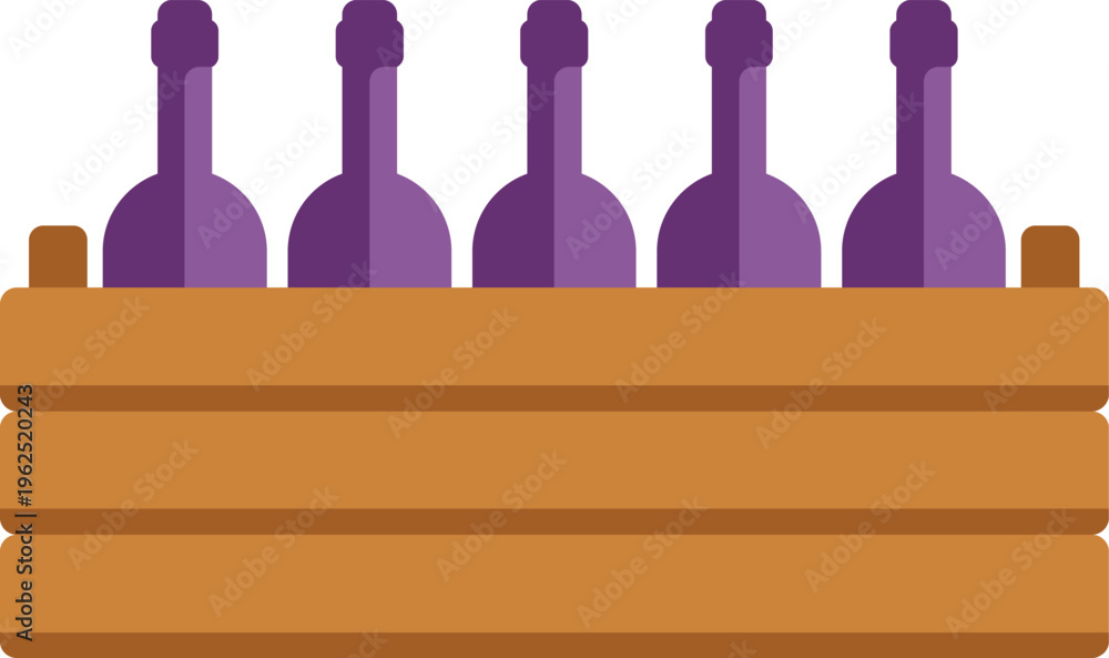 Obraz premium Purple wine bottles storing in an open wooden crate, flat style illustration
