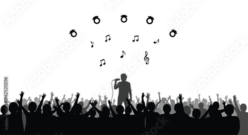 A silhouetted singer performs on stage for an enthusiastic crowd under an arc of musical notes and rings.