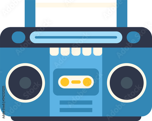 Blue retro boombox with a visible cassette tape, playing audio