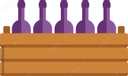 Purple wine bottles storing in an open wooden crate, flat style illustration