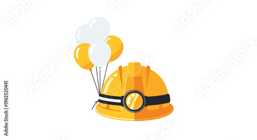 A yellow construction hard hat with a headlamp and black strap is accompanied by white and yellow balloons on a clean white background.