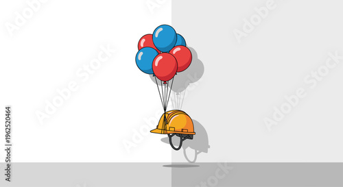 A yellow construction hard hat floats in mid-air, suspended by a cluster of red and blue balloons against a plain background.